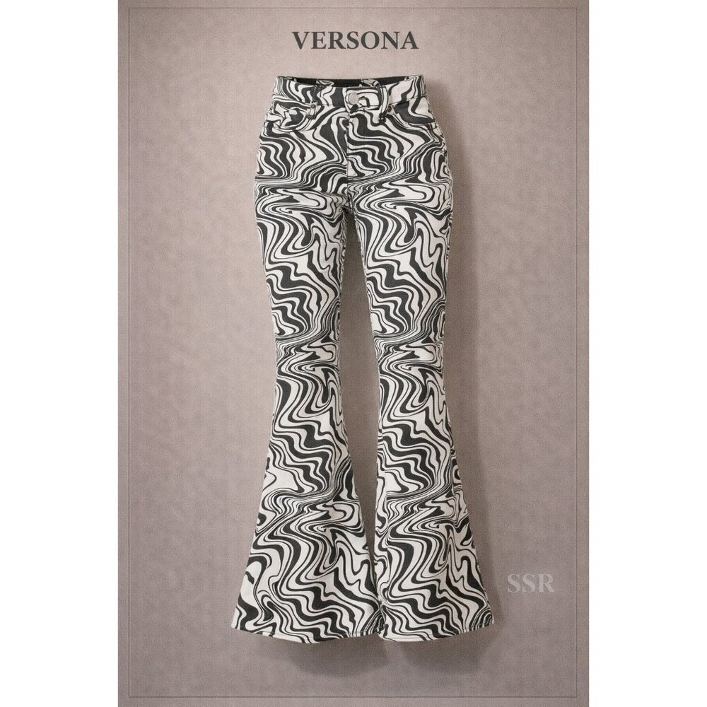 Versona Get Groovy Extreme Flare Jeans Womens Size 4 Black White Retro Print NWO - Picture 4 of 7